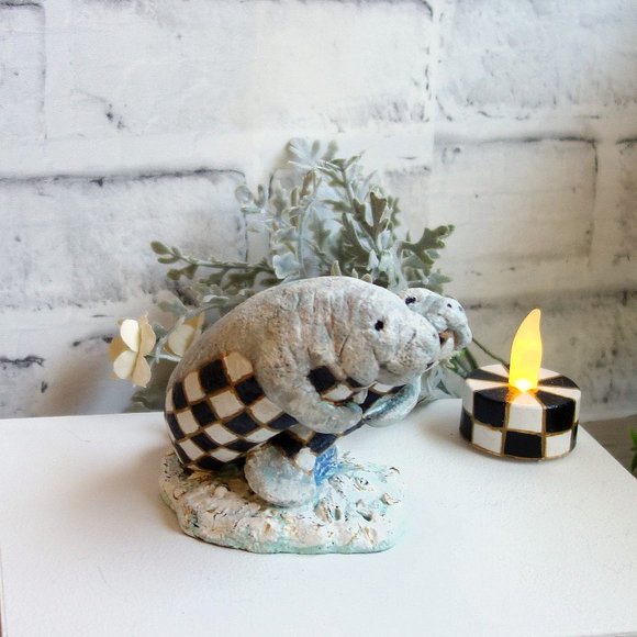 The Crafty Hobbit Other - Courtly Checked Florida Manatee Figurine with Hand Painted Tea Light Candle